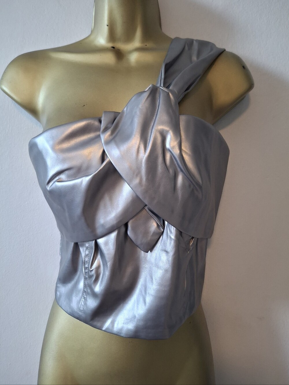 Metallic Silver One-Shoulder Twist Detail Women's Top